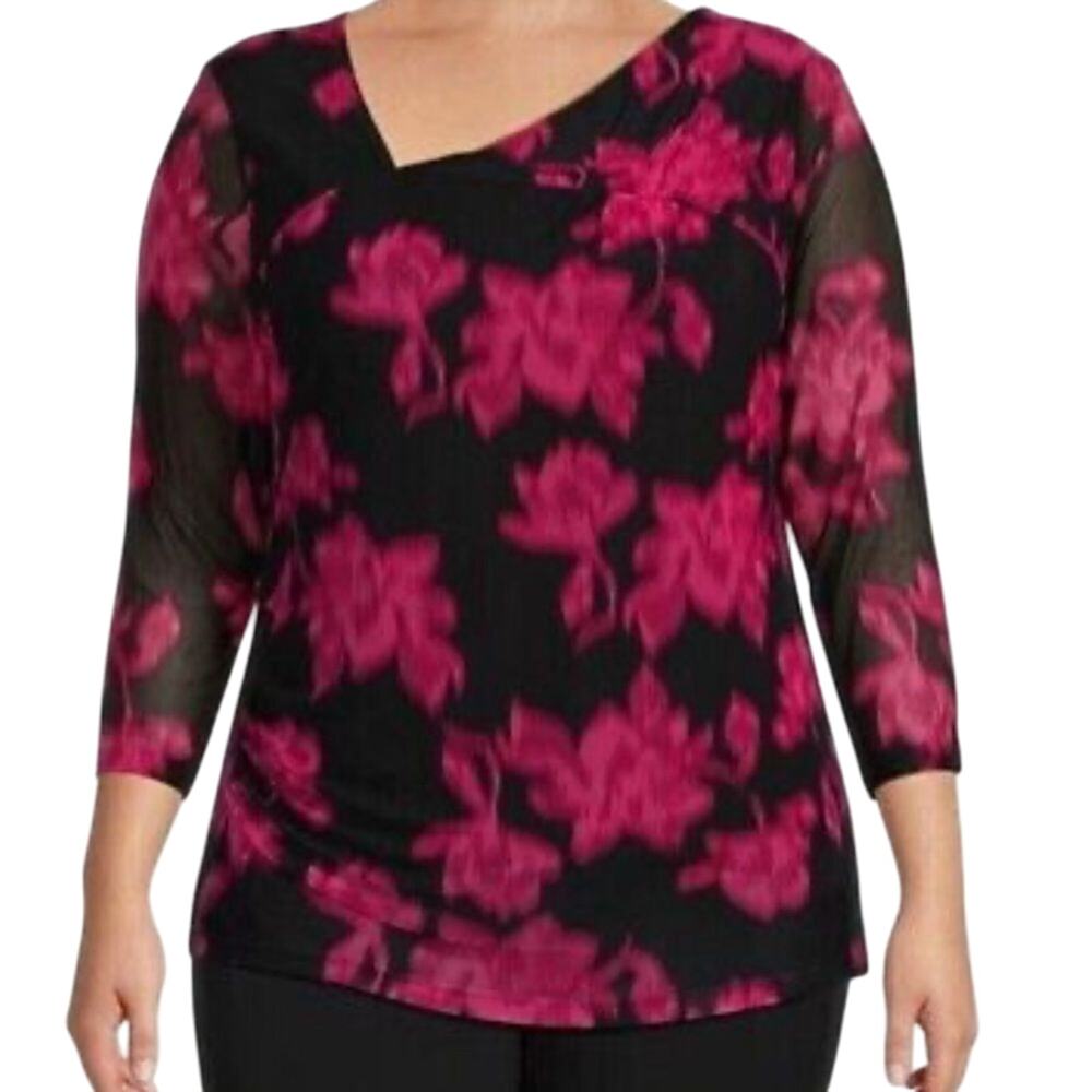Calvin Klein Plus Size 1X Floral Print Asymmetric V-Neck Sleeve Ruched Top NWT